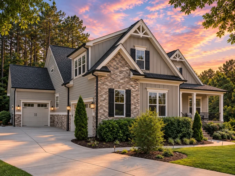 Front exterior view of a New American modern traditional house featuring stone accents, horizontal siding, board-and-batten details, and a welcoming covered porch