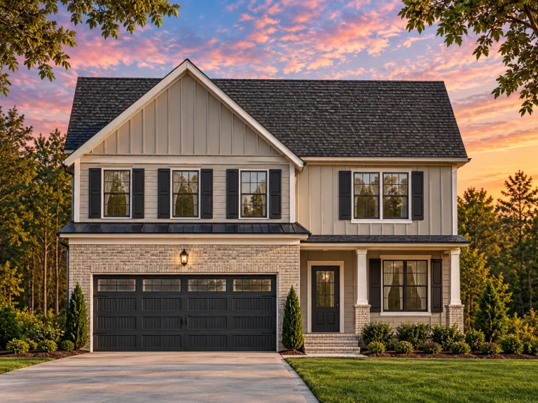 Front view of a Traditional Colonial style home featuring board and batten siding, stone base detailing, black shutters, and a symmetrical two-story façade with attached garage