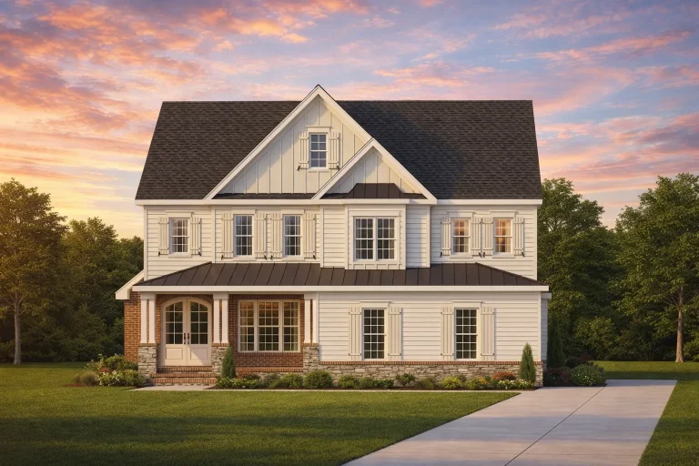 6 Bedroom House Plans 13 Front exterior view of a traditional Colonial style two-story home with white horizontal siding, symmetrical windows, gabled roof, and covered front porch