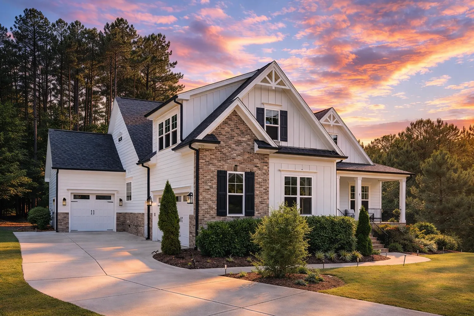Front exterior view of a New American modern traditional house featuring stone accents, horizontal siding, board-and-batten details, and a welcoming covered porch