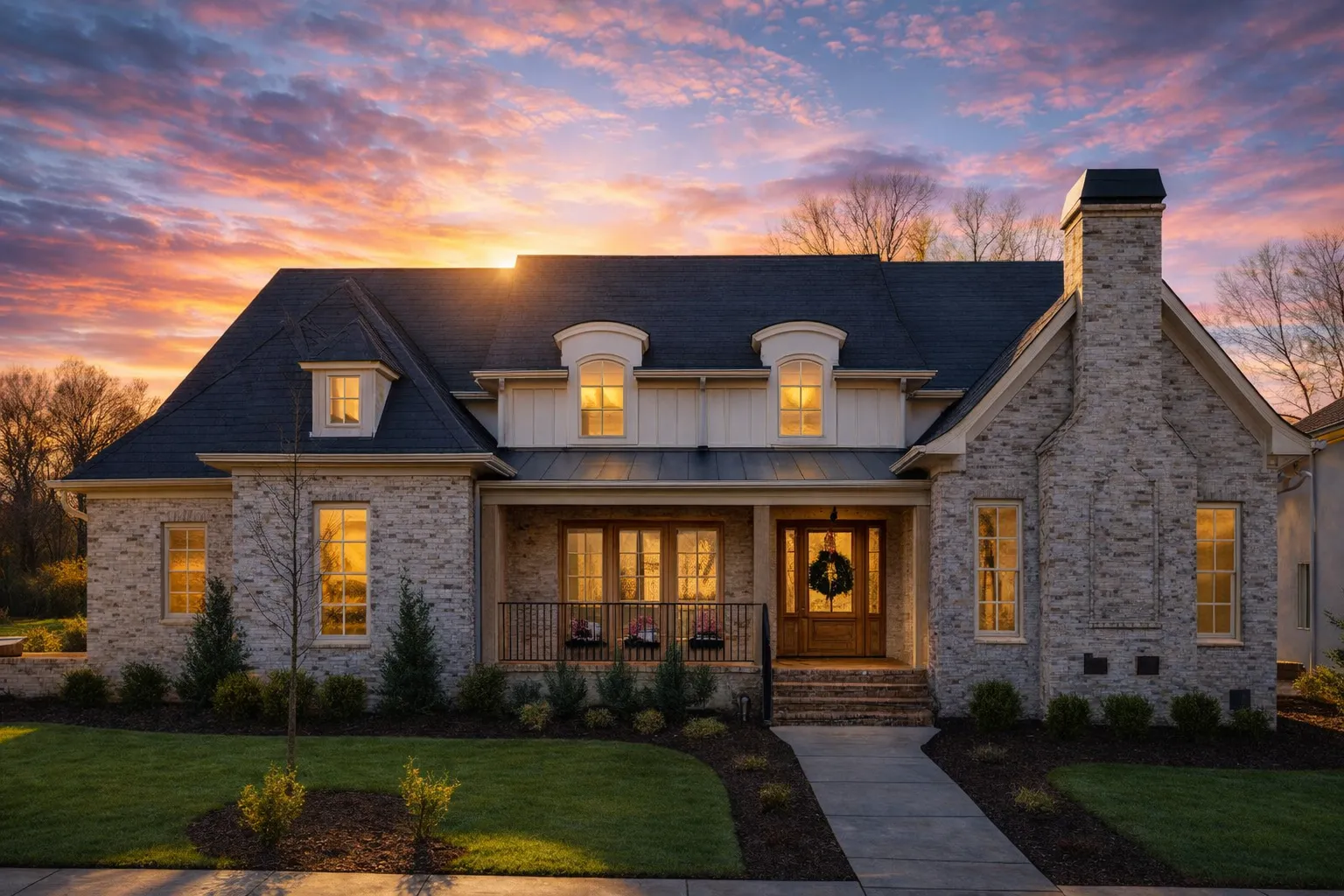 Front exterior view of a French Country style home featuring stone masonry, steep rooflines, dormer windows, and symmetrical European-inspired design