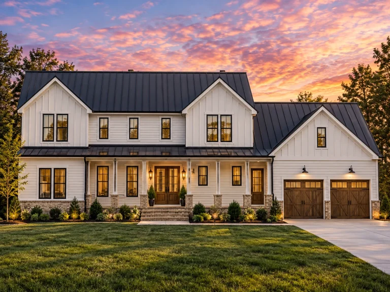 Front elevation of a Modern Farmhouse style home featuring board and batten siding, horizontal lap siding, gabled rooflines, and an attached two-car garage
