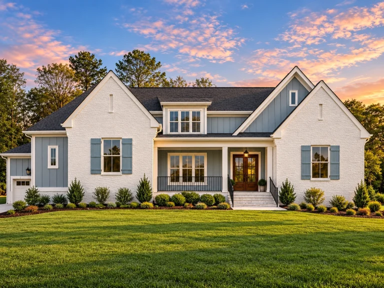 Affordable House Plans 24 Front elevation of a New American Modern Traditional house with painted brick exterior, symmetrical gables, shutters, and covered entry