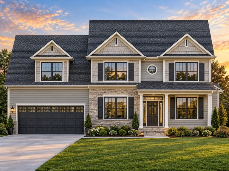 Front elevation of a two-story Traditional Colonial home with horizontal lap siding, brick foundation, and symmetrical windows over a double garage