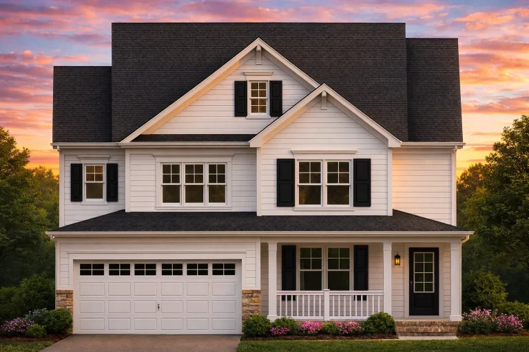 Front elevation of a New American style two-story home featuring white horizontal siding, black shutters, stone accents, and a welcoming covered front porch