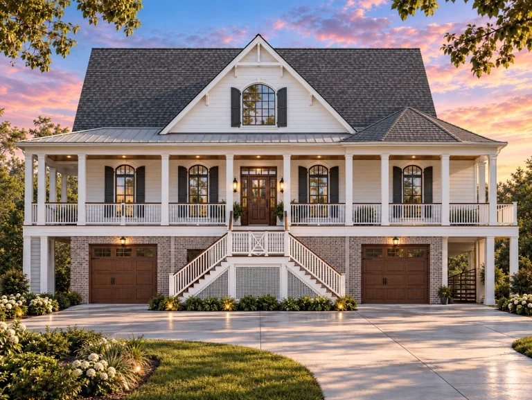 Front elevation of a Southern Low Country style home with raised brick foundation, horizontal siding, double garage below, and wide covered front porch