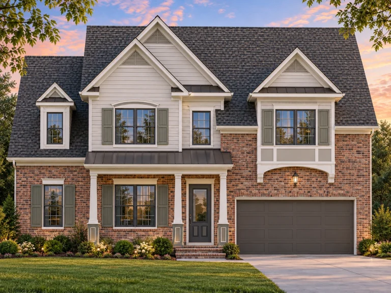 Classical House Plans 9 Front elevation of a Traditional Colonial style two-story home with horizontal lap siding, symmetrical windows, gabled roof, and attached garage
