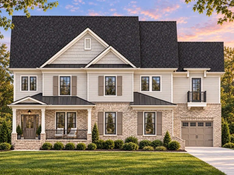 Front elevation of a New American style home with brick and lap siding exterior, covered front porch, and classic modern traditional detailing