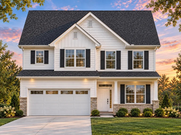 Transitional Ranch House Plans 5 Front view of a Traditional Colonial style home featuring horizontal lap siding, black shutters, and a partial stone base for classic curb appeal