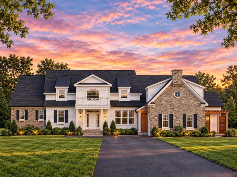 Front view of Modern Farmhouse with board and batten siding, stone accents, gable roofs, and classic black window trim