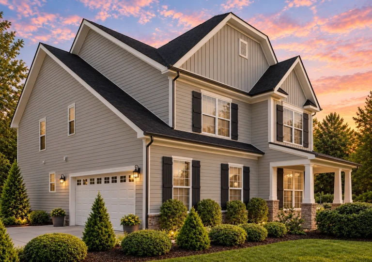 House Plans with Wraparound Porch 13 Front elevation of a Traditional Colonial two-story house with horizontal lap siding, black shutters, gabled roof, and attached two-car garage