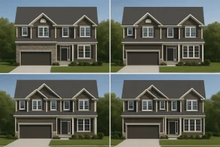 House Plans with Outdoor Kitchen 9 Front view of a Traditional Colonial style home featuring horizontal lap siding, black shutters, and a partial stone base for classic curb appeal
