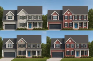 House Plans with Outdoor Kitchen 8 Front elevation of a two-story Traditional Colonial home with horizontal lap siding, brick foundation, and symmetrical windows over a double garage