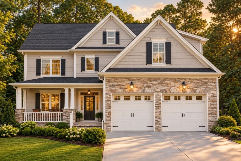 Front elevation of a Modern Farmhouse style home with board and batten siding, stone veneer, covered porch, and double garage