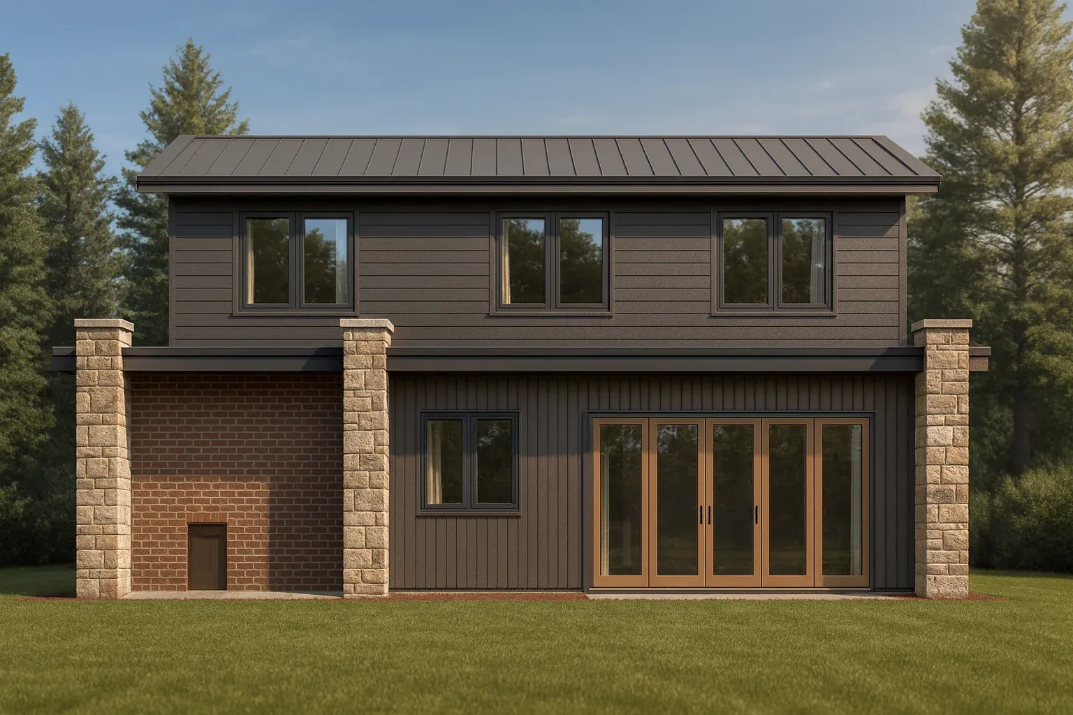 Front elevation of a modern contemporary two-story house featuring horizontal siding and stone columns for stylish curb appeal