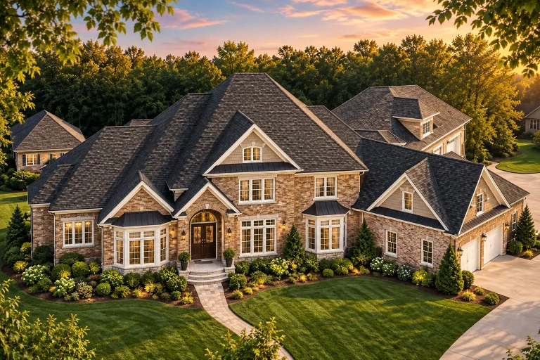 Front elevation of a French Country Transitional European style home featuring stone accents, horizontal siding, steep gables, and balanced architectural symmetry