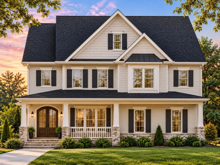 Front exterior view of a traditional Colonial style two-story home with white horizontal siding, symmetrical windows, gabled roof, and covered front porch