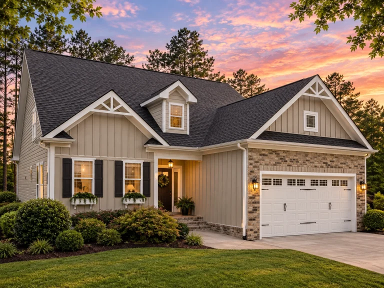House Plans with Outdoor Kitchen 16 Front view of a Modern Farmhouse featuring board and batten siding, stone accents, and dark trim details with a three-car garage and steep gabled rooflines