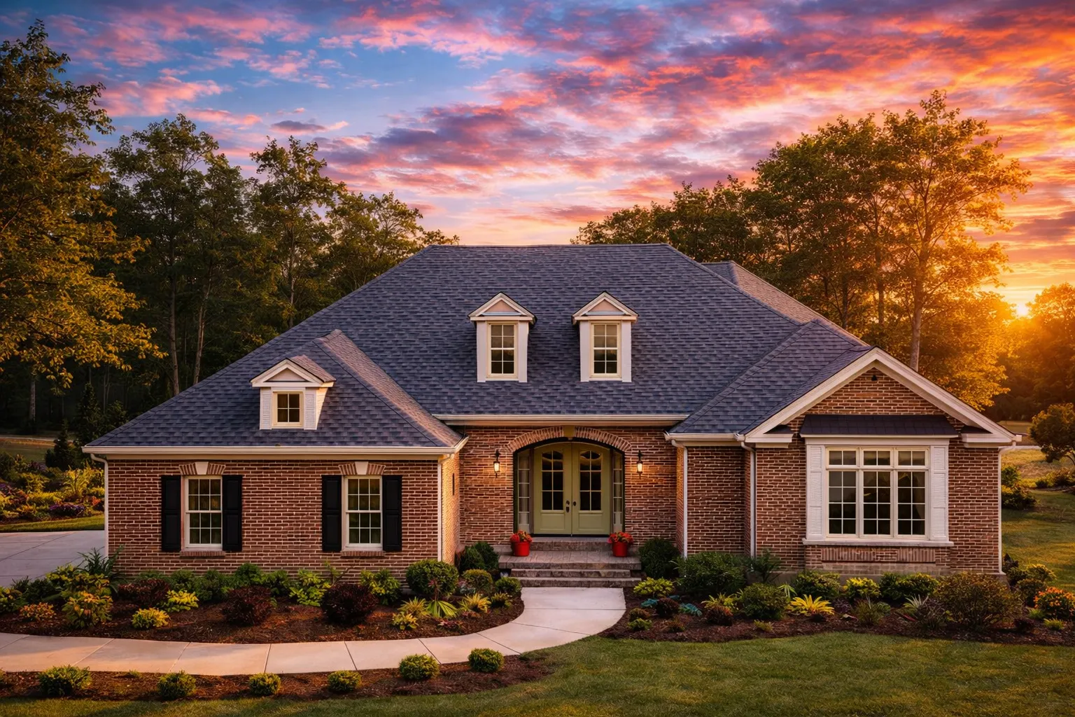 Front elevation of Colonial Revival brick house with symmetrical windows, dormers, and arched covered entry at sunset