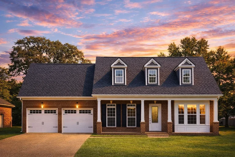 6 Bedroom House Plans 10 Front elevation of a Traditional Ranch style home with Cape Cod detailing, horizontal siding, brick foundation, and two-car garage