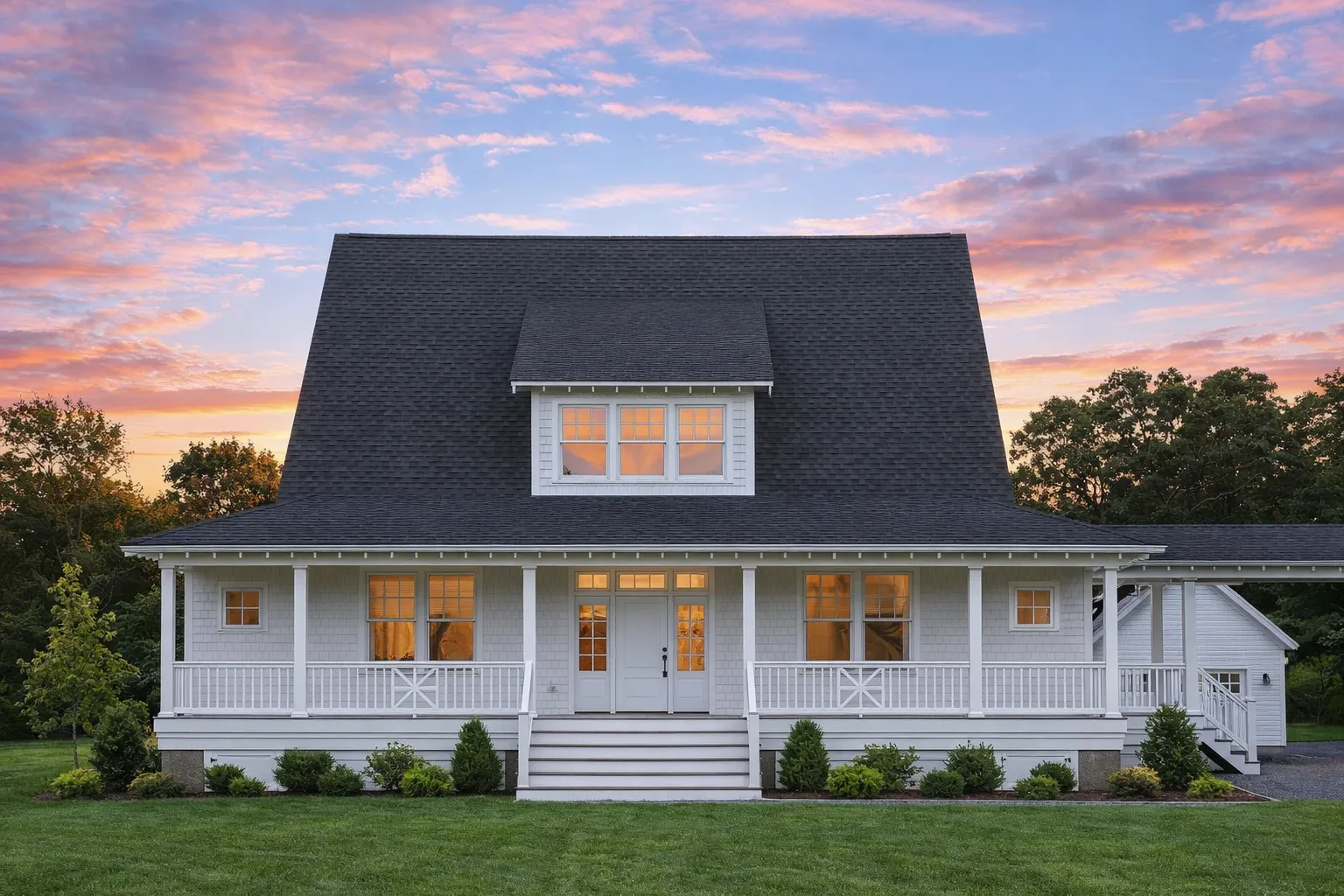 Front view of a Colonial Farmhouse with horizontal siding, covered porch, breezeway, and detached two-car garage under a clear blue sky