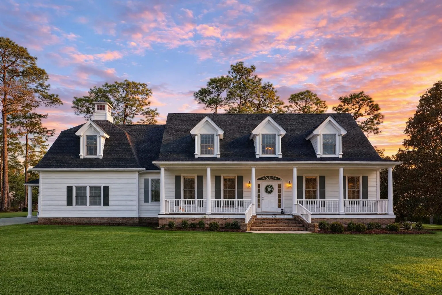 Front elevation of a Cape Cod style home featuring horizontal siding, dormer windows, covered front porch, and traditional symmetrical design