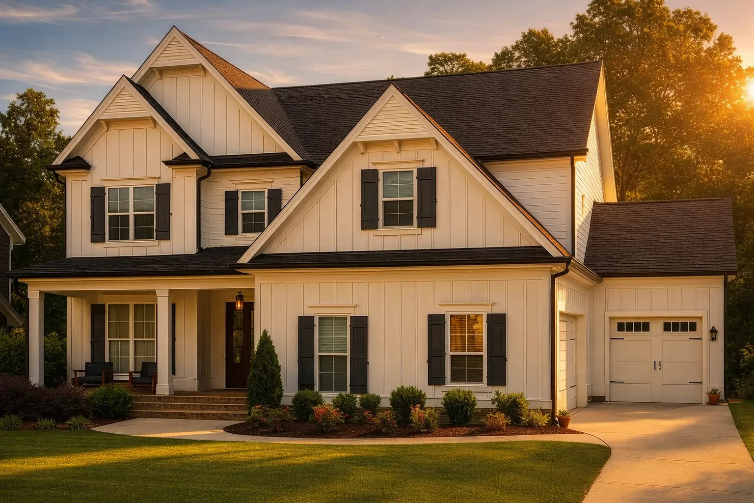 Victorian House Plans 17 Front elevation of a Traditional New American style suburban home with horizontal siding, covered porch, and attached garage