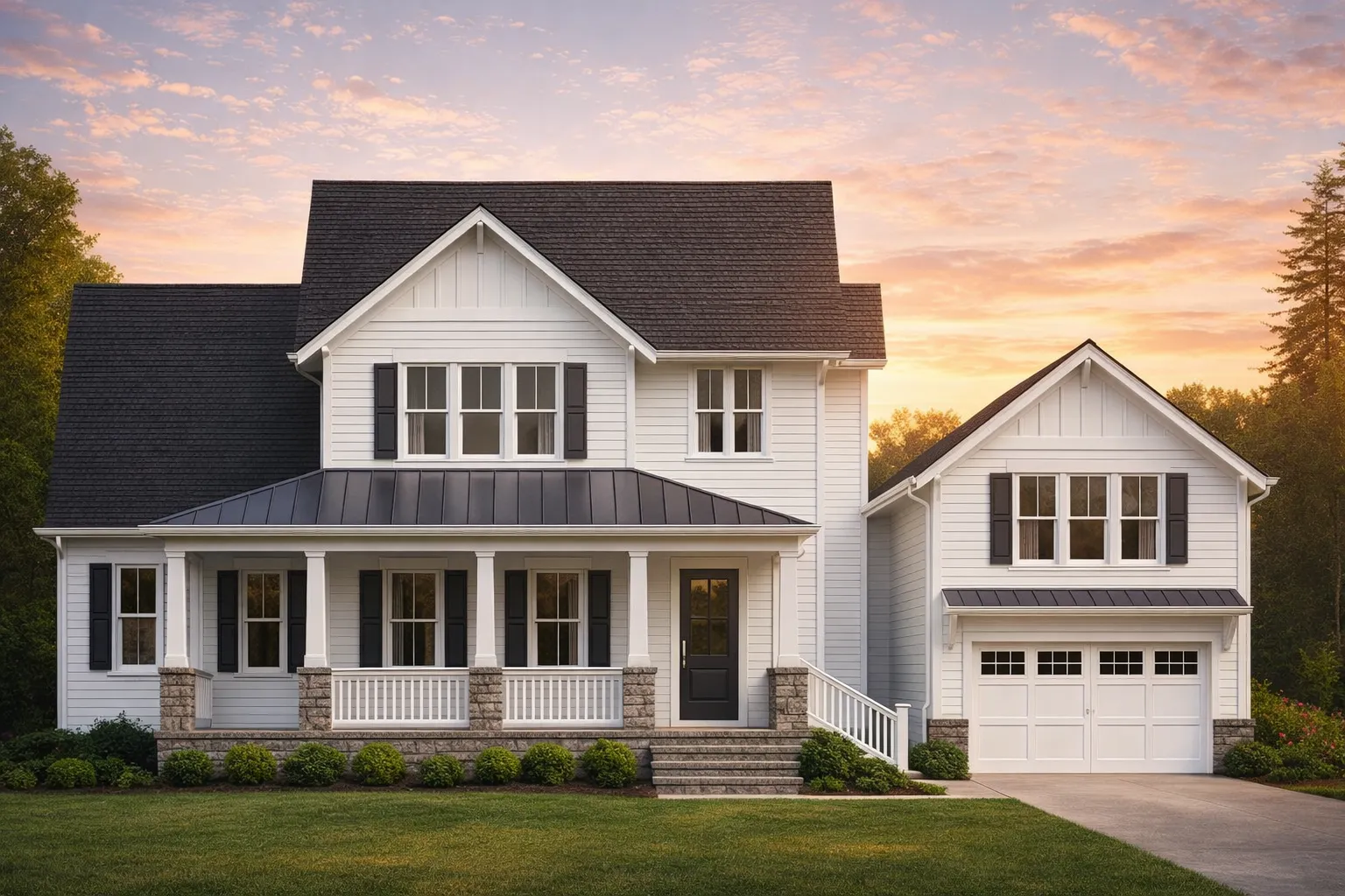 Front view of a Modern Farmhouse style home featuring horizontal siding, board and batten gables, and stone accents on the porch and foundation.