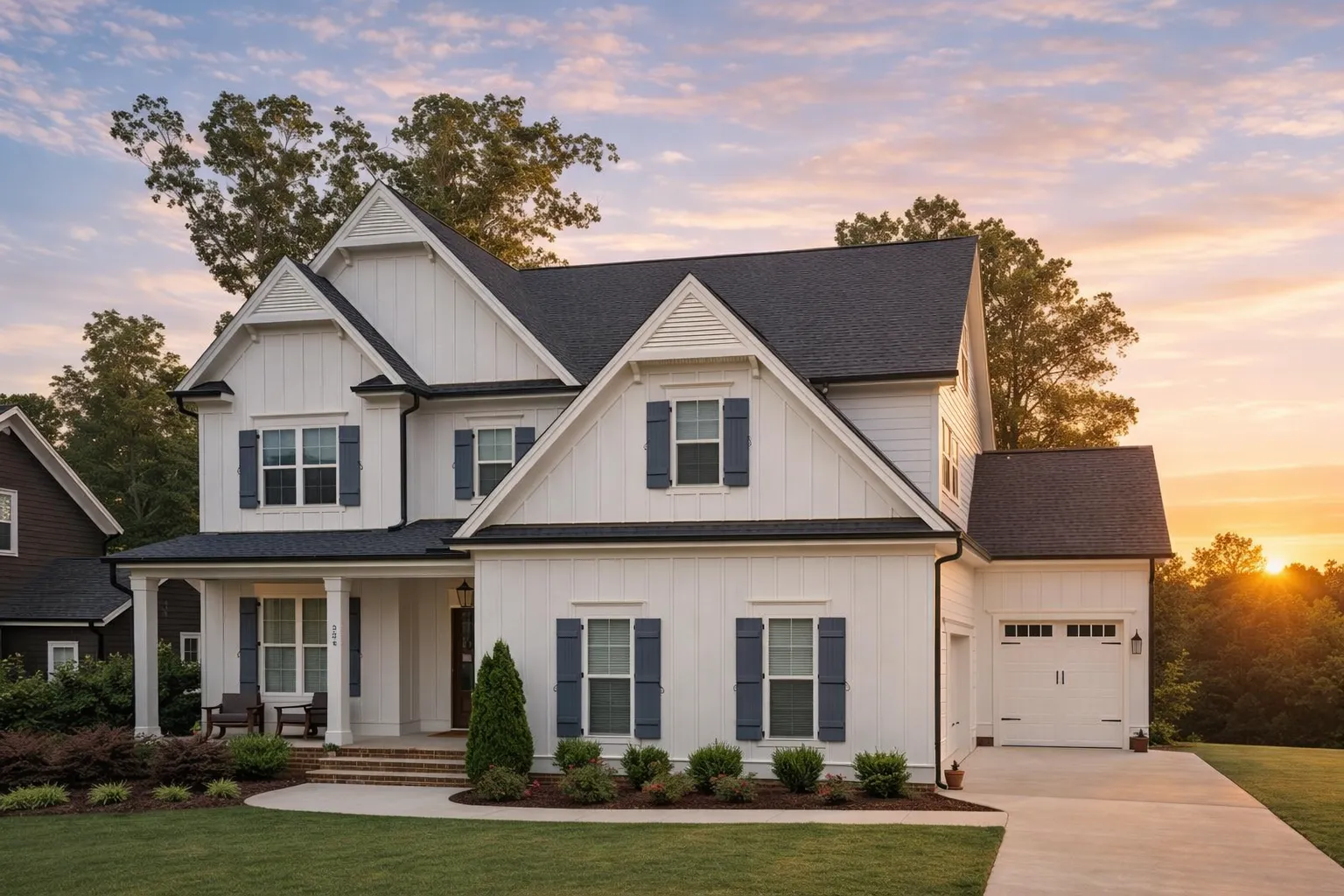 Front elevation of a Traditional New American style suburban home with horizontal siding, covered porch, and attached garage