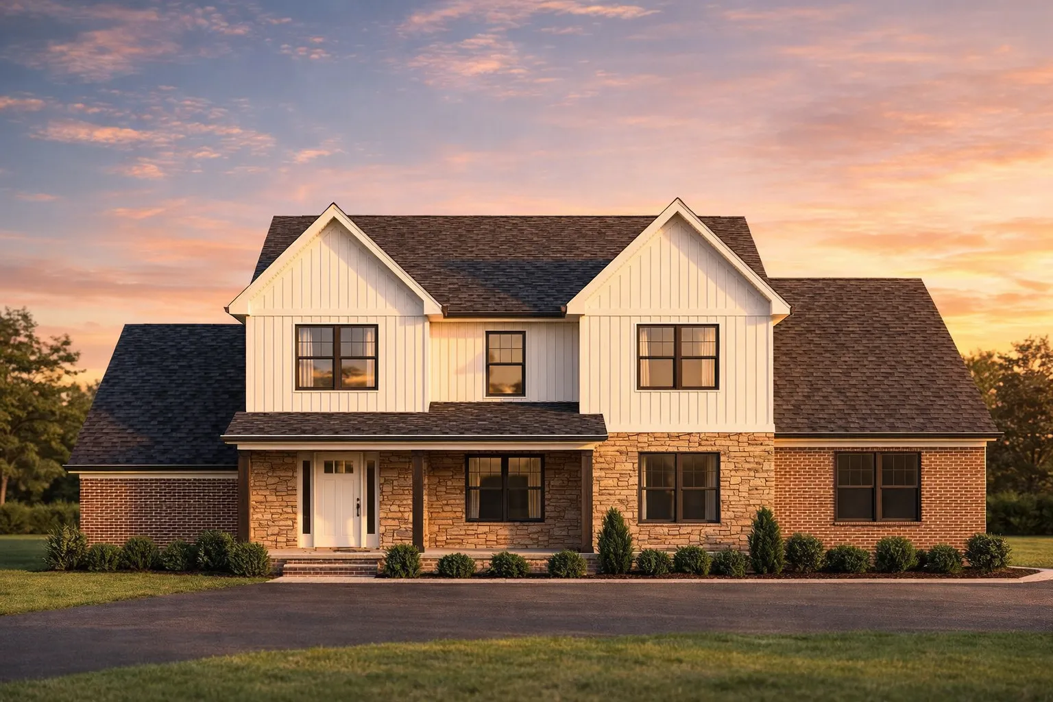 Front elevation of New American Colonial home with horizontal lap siding, stone veneer accents, gabled rooflines, and covered front porch