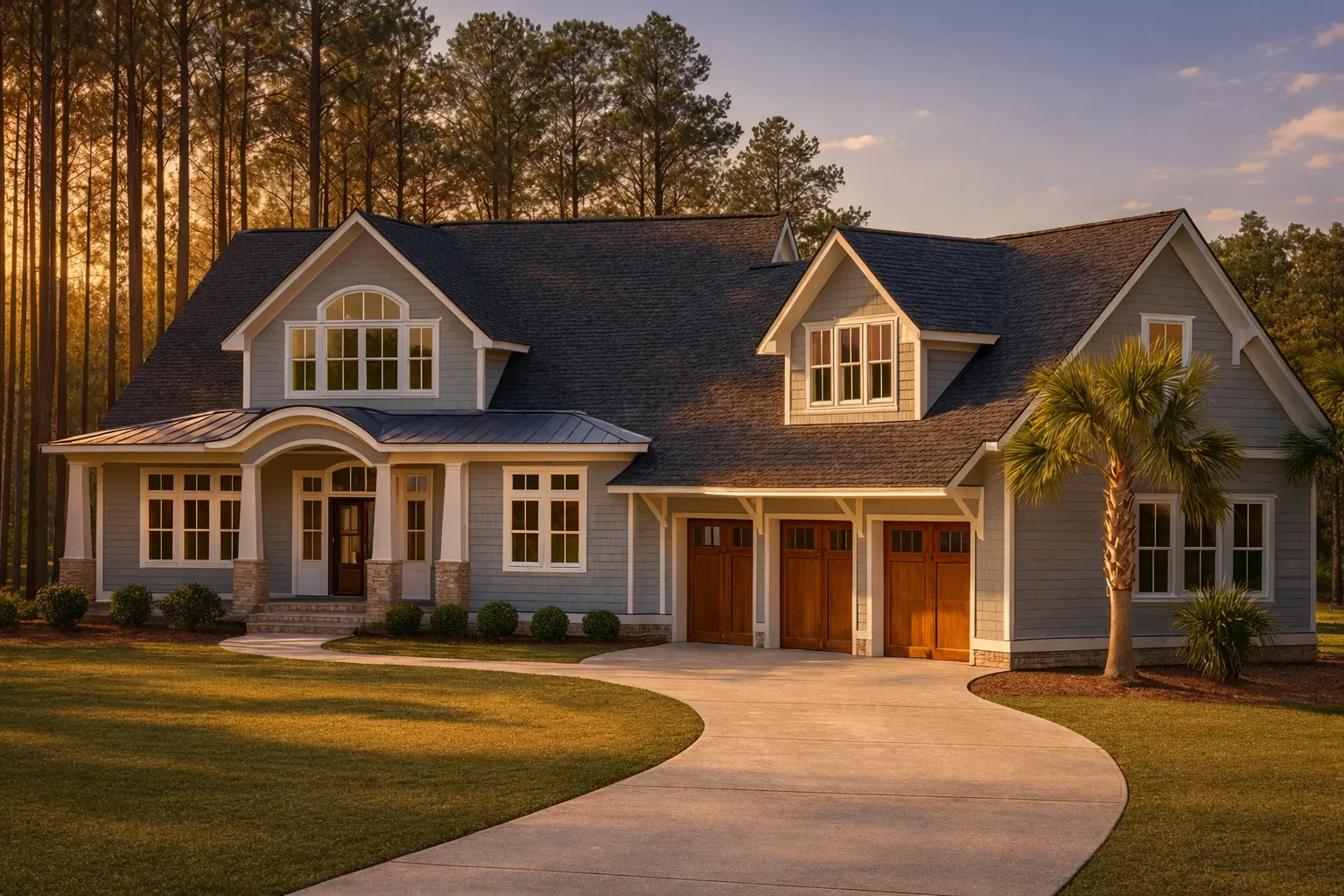 Front exterior of a New American Traditional style home featuring horizontal siding, board and batten accents, Southern front porch, and attached garage