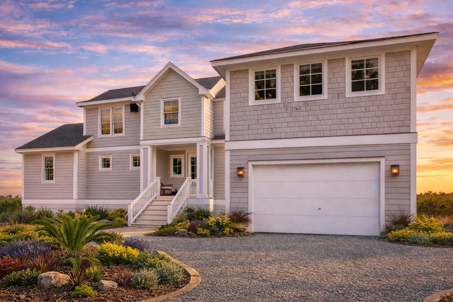 Front elevation of a Cape Cod style cottage home featuring shingle siding, horizontal lap siding, stone foundation, and a welcoming covered entry