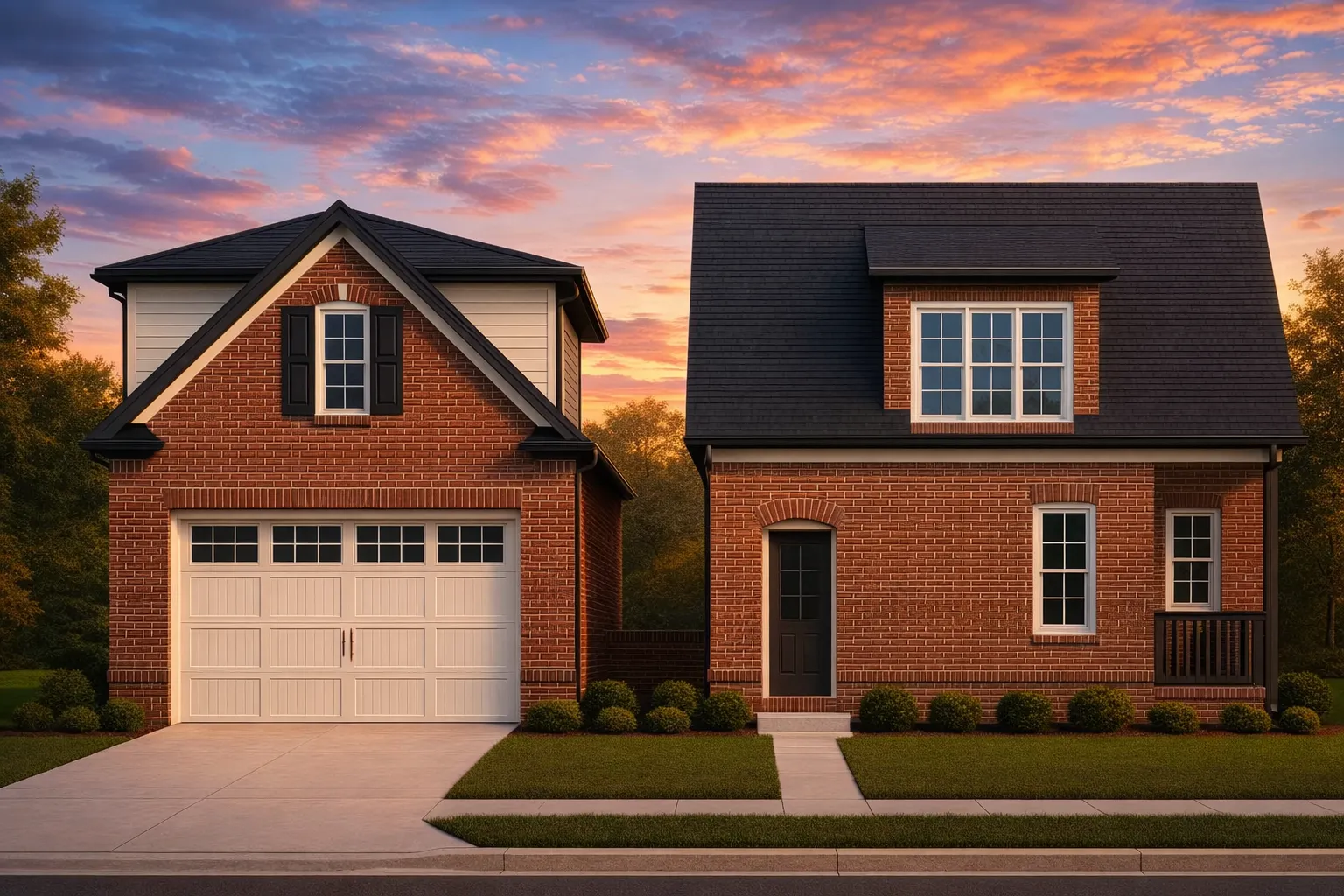Front elevation of a Traditional Brick garage apartment with Neo-Colonial proportions, gabled rooflines, and classic suburban detailing