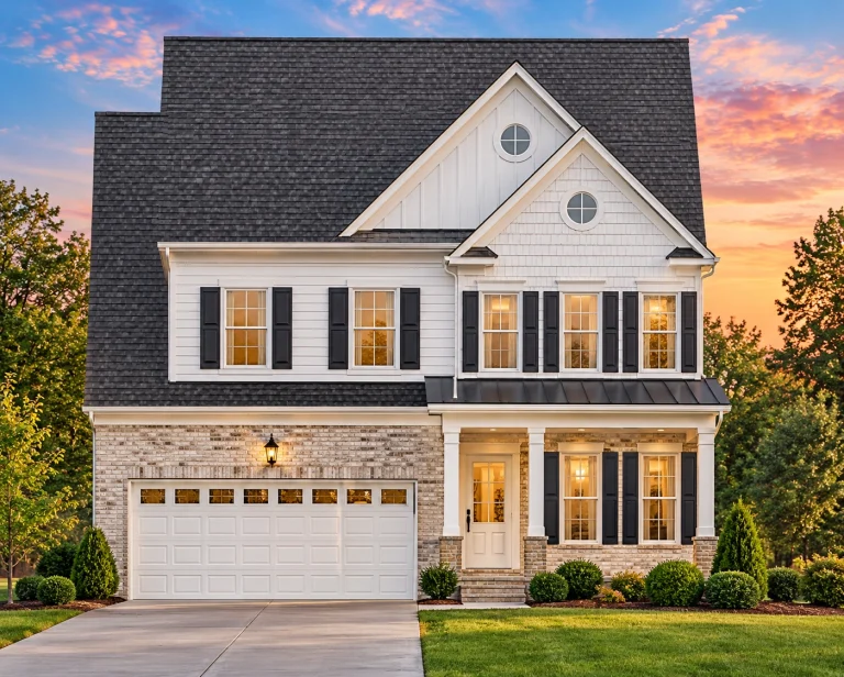 Front elevation of a Traditional Colonial style two-story home featuring horizontal siding, brick water table, and symmetrical windows with black shutters