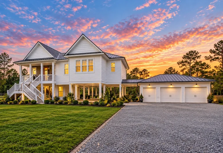 Front elevation of a Coastal Low Country style home with elevated foundation, horizontal siding, covered porch, and detached garage