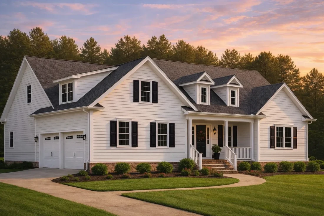 Front view of a Traditional Colonial Revival house with lap siding, decorative shutters, and a welcoming front porch with white columns and a front-entry garage