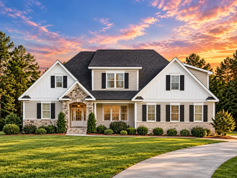 Front exterior of a Modern Farmhouse New American style home featuring white board and batten siding, stone entry accents, black shutters, and a welcoming covered porch
