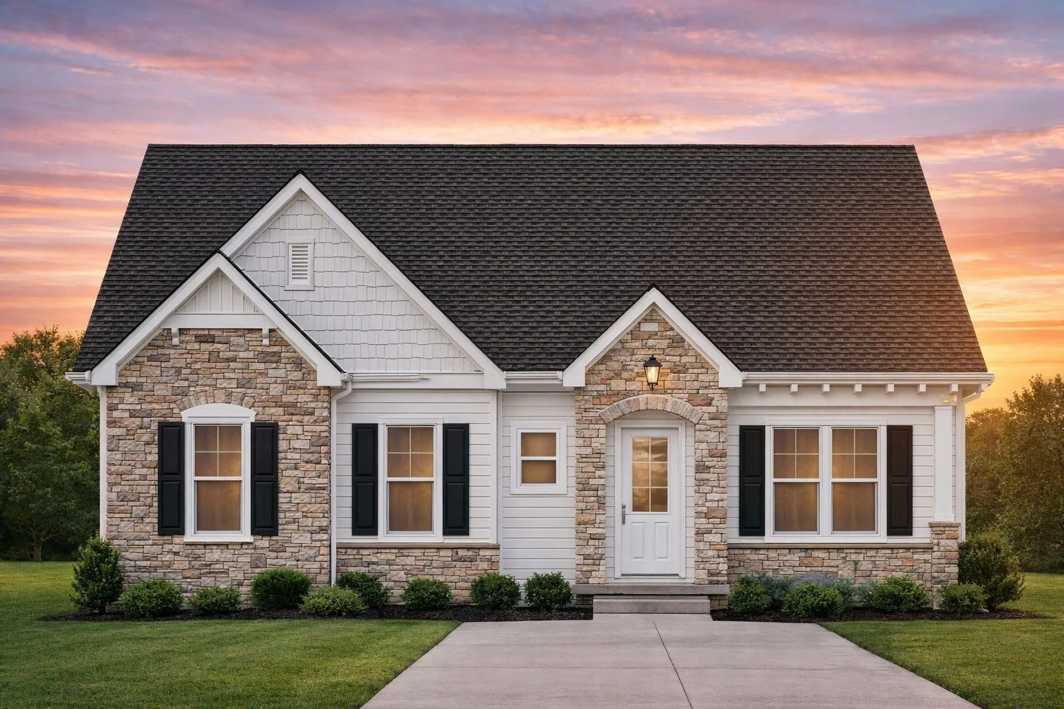 Front view of a Cottage style home featuring stone and horizontal siding exterior with black shutters and a welcoming entryway