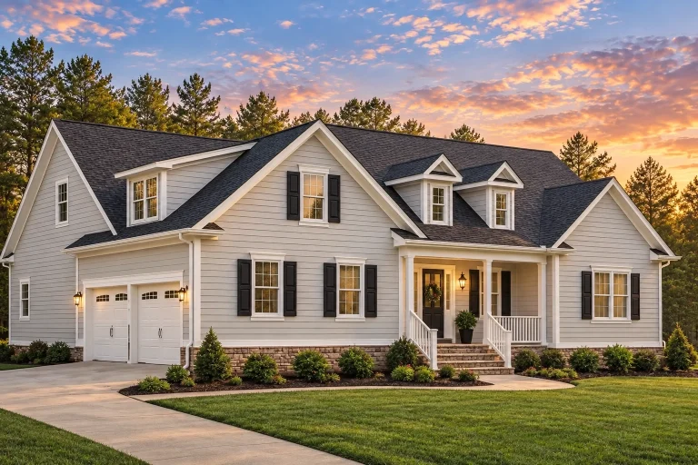 Front view of a Traditional Colonial Revival house with lap siding, decorative shutters, and a welcoming front porch with white columns and a front-entry garage