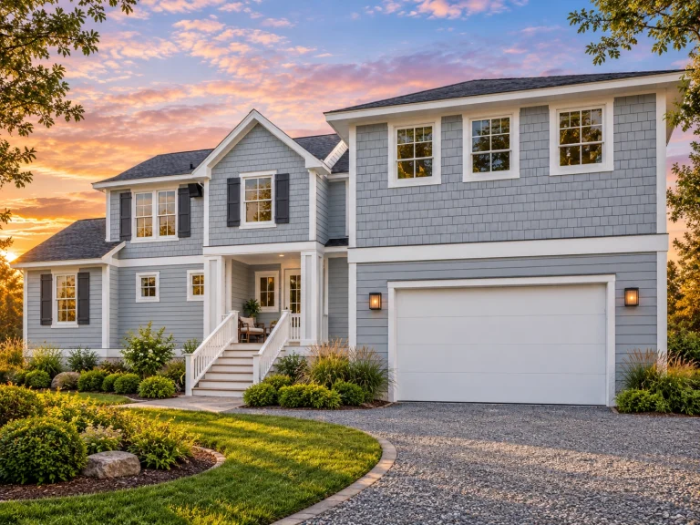 Front elevation of a Cape Cod style cottage home featuring shingle siding, horizontal lap siding, stone foundation, and a welcoming covered entry