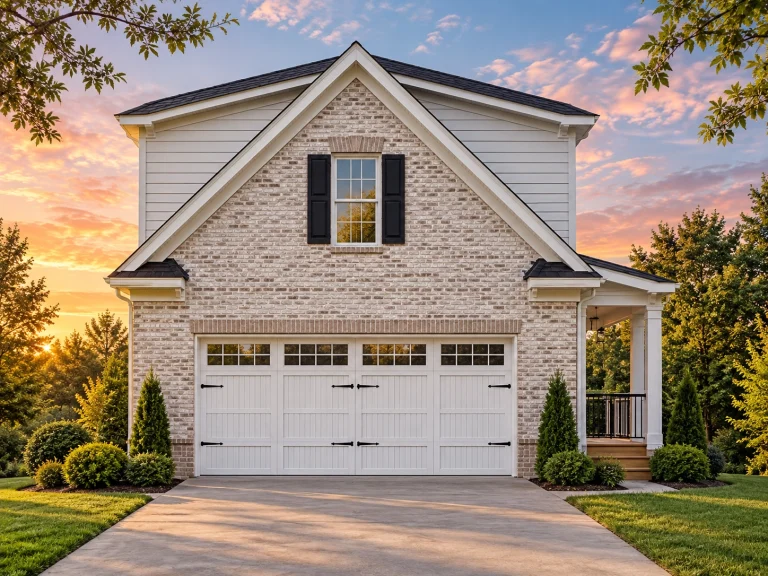 Front elevation of a Traditional Brick garage apartment with Neo-Colonial proportions, gabled rooflines, and classic suburban detailing