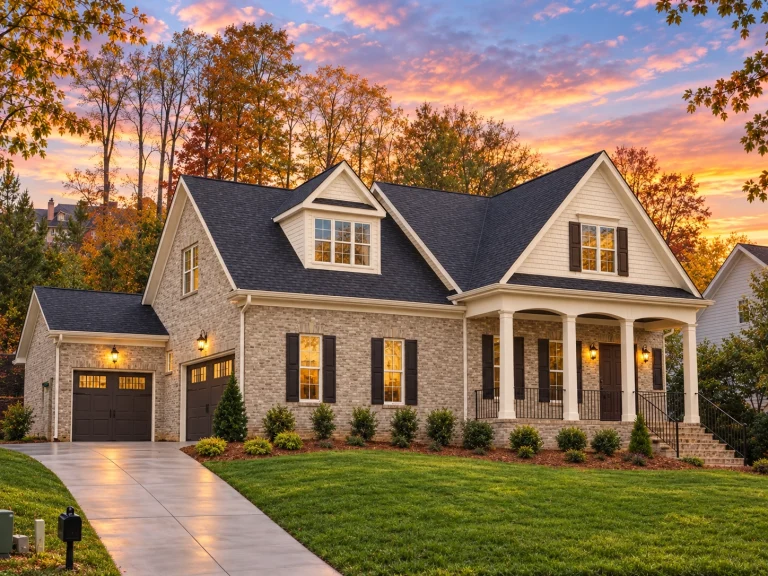 Front elevation of a New American modern traditional house featuring board and batten siding, stone accents, gabled rooflines, and an inviting arched entry