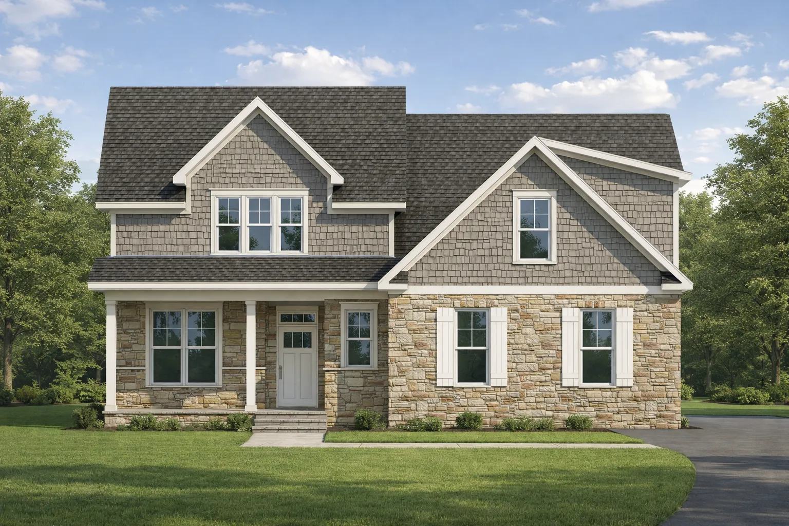 Classic Shingle Style New American Home with Stone and Shake Exterior