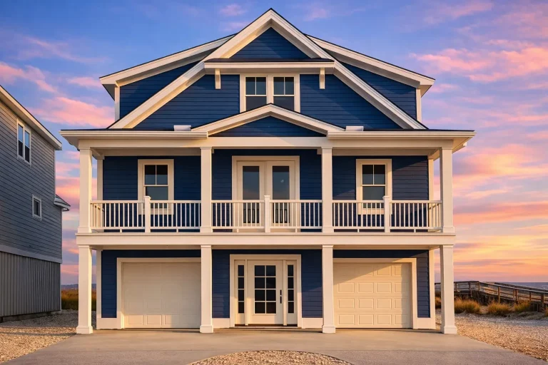 House Plans 7 Front elevation of a Coastal Low Country beach house with blue horizontal siding, double stacked porches, white railings, and an elevated two-car garage