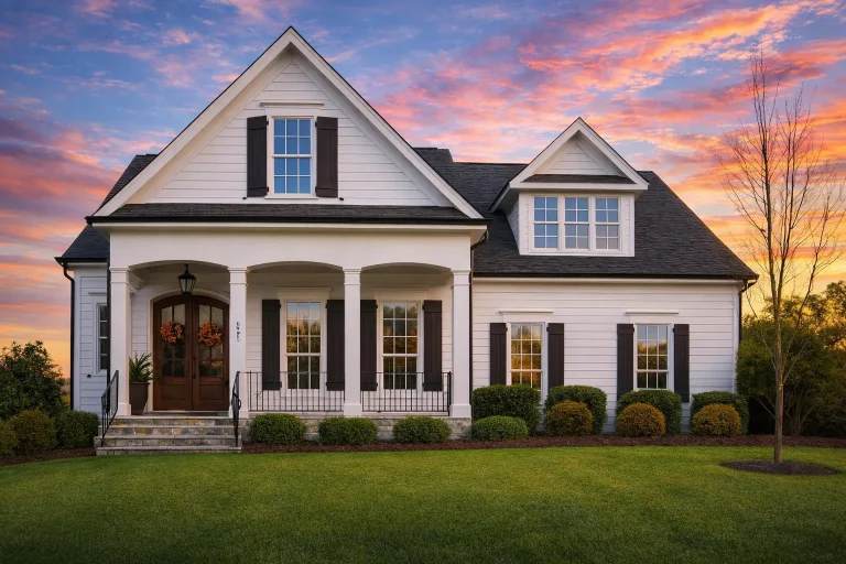 House Plans 10 Front view of Southern Farmhouse style home with white lap siding, gabled rooflines, shutters, and covered porch