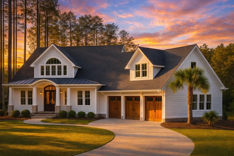 Front elevation of Coastal Farmhouse style home with white board and batten siding, gabled rooflines, and three-car garage at sunset