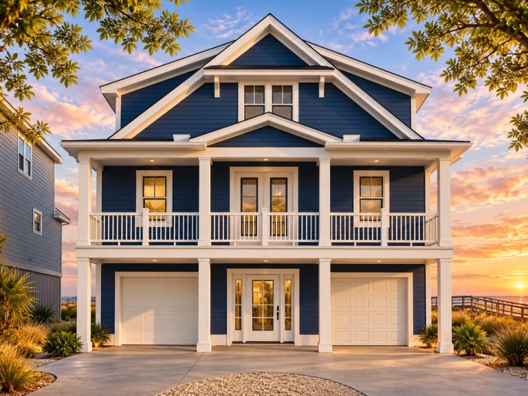 Top Designer-Approved House Plans 23 Front elevation of a Coastal Low Country beach house with blue horizontal siding, double stacked porches, white railings, and an elevated two-car garage