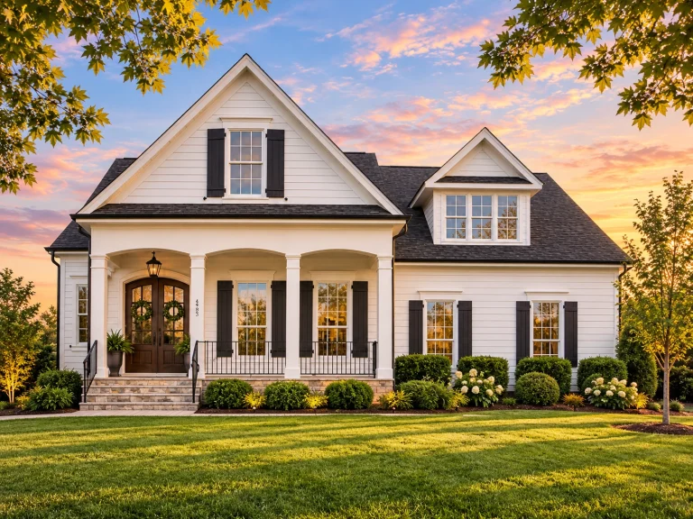 Front view of Southern Farmhouse style home with white lap siding, gabled rooflines, shutters, and covered porch