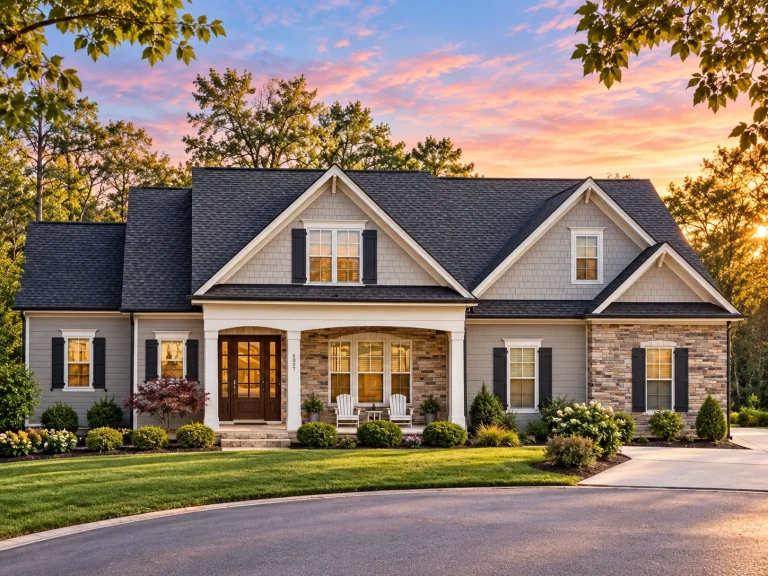 Top Designer-Approved House Plans 25 Front elevation of a New American Traditional style house featuring horizontal siding, stone accents, gabled rooflines, and an attached garage