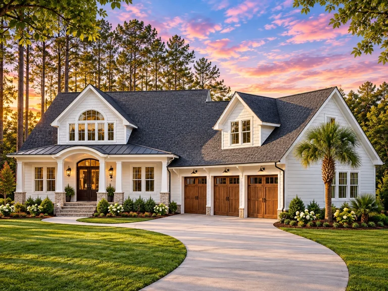 Modern Suburban House Plans 22 Front elevation of Coastal Farmhouse style home with white board and batten siding, gabled rooflines, and three-car garage at sunset